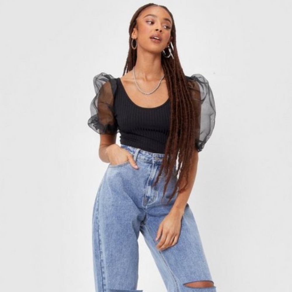 Nasty Gal Ribbed Organza Sleeve Bodysuit